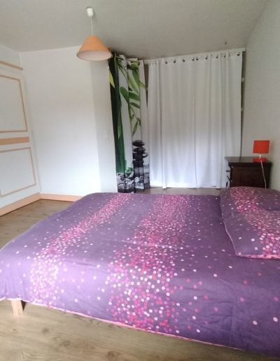 Une chambre avec un lit au centre et un dressing