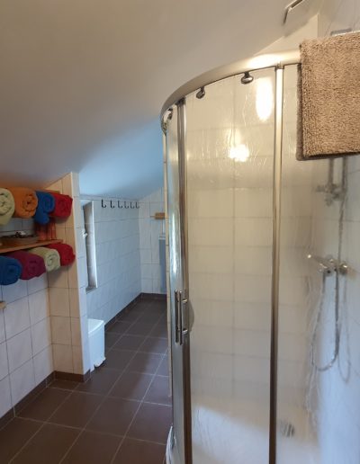 Une douche et des serviettes de bain